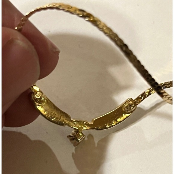 Vintage Gold Tone Herringbone Necklace Opal Rhinestone Curved Pendant 16 Inch - Picture 5 of 5